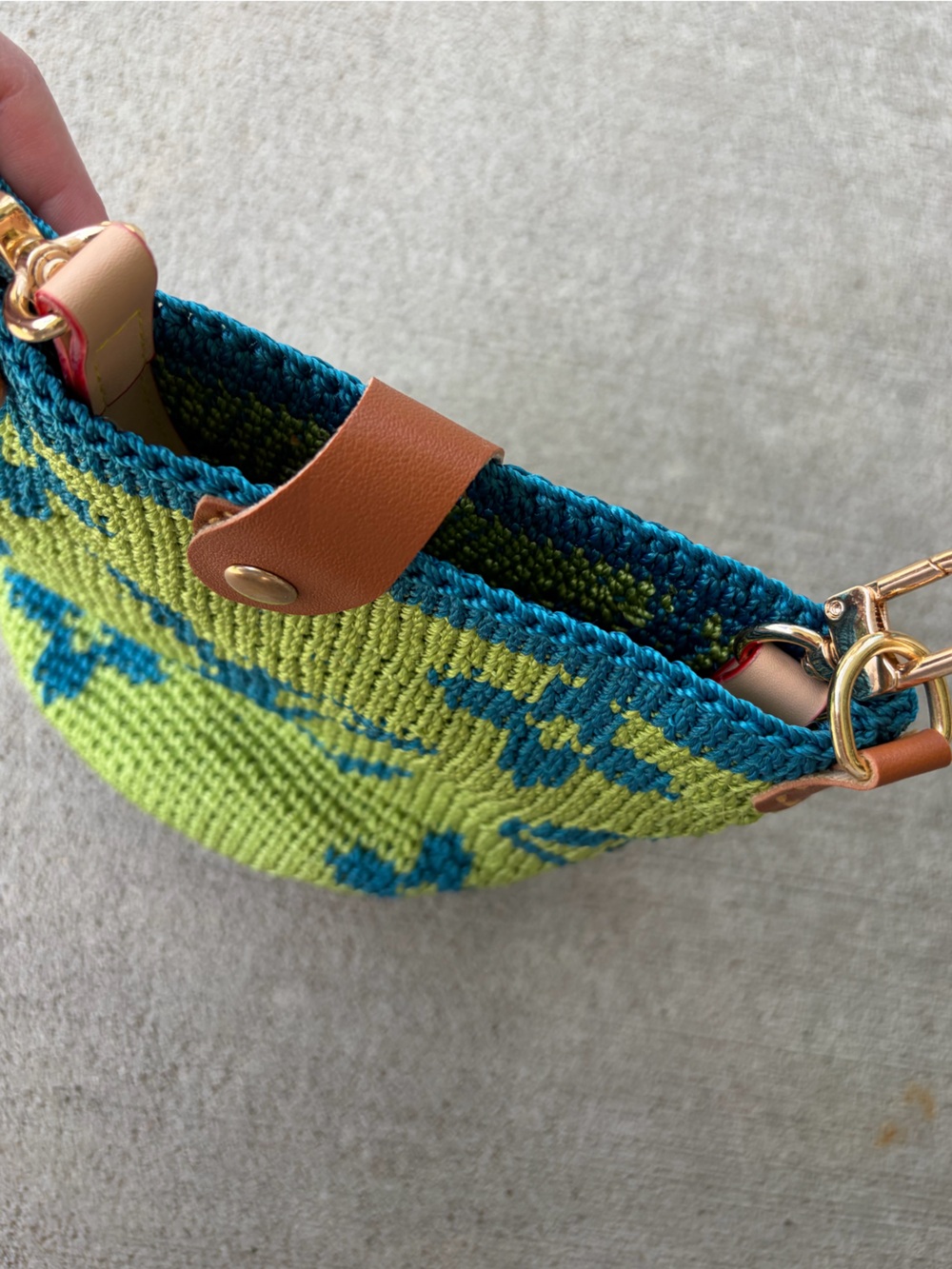 Crochet LV designer bucket bag crossbody purse green blue brown NWOT - Picture 8 of 9